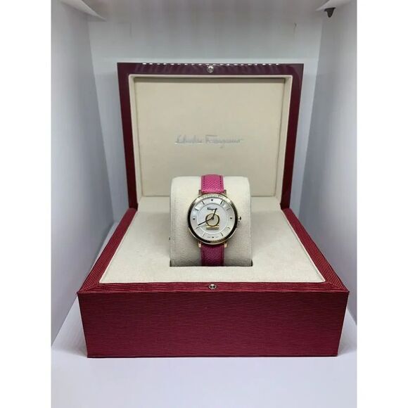Ferragamo Women Pink Leather Analog White Dial Quartz Watch with Winder BL152 - Picture 1 of 12